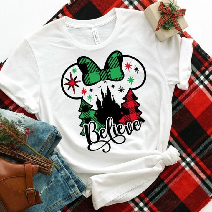 Disney Cartoon Believe In Mickey Mouse Christmas Tree Graphic T Shirt.jpg